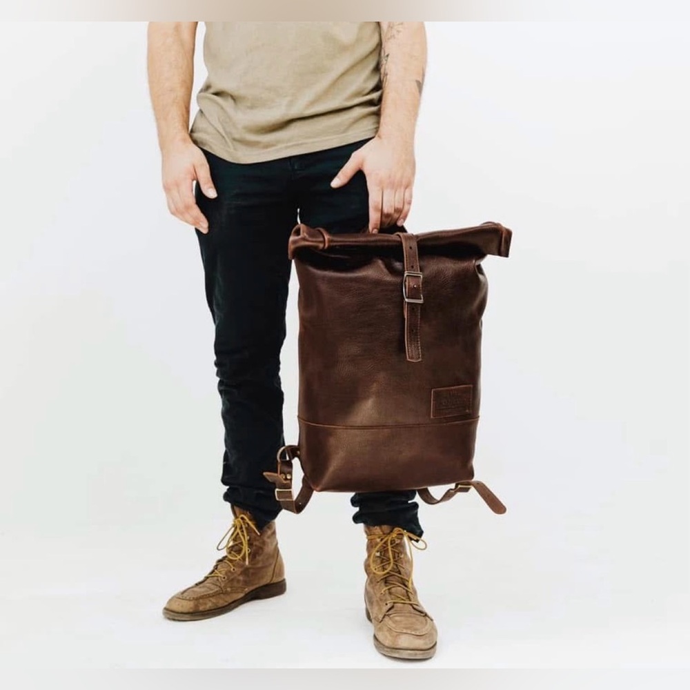 Portland Leather Goods Leather Rolltop Backpack in Coldbrew Dark Brown